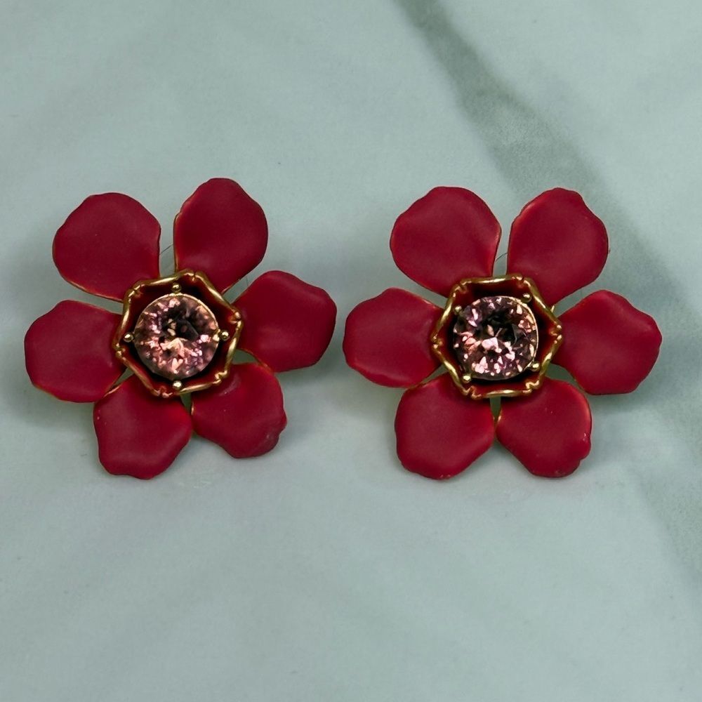 J Crew Full Bloom Floral Pink & Crystal Stud Earrings